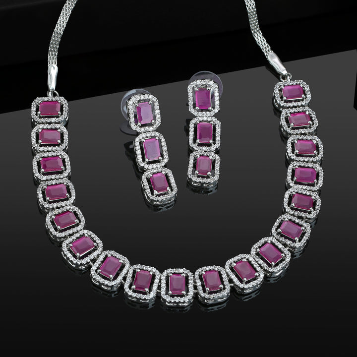Estele Rhodium Plated CZ Ossum Octagon Necklace Set with Ruby stones for Women