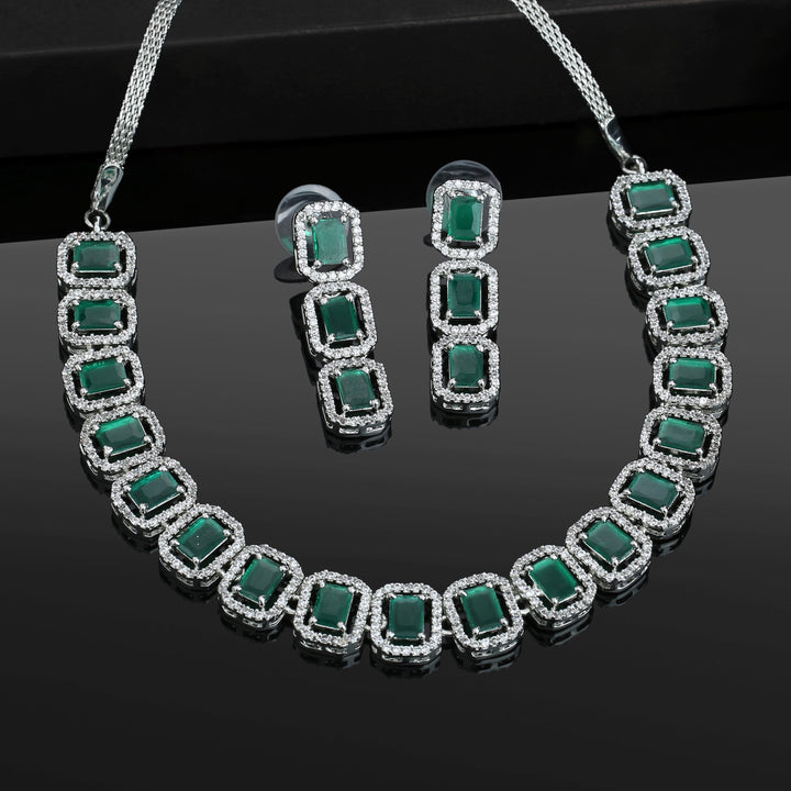 Estele Rhodium Plated CZ Ossum Octagon Necklace Set with Emerald Stones for Women