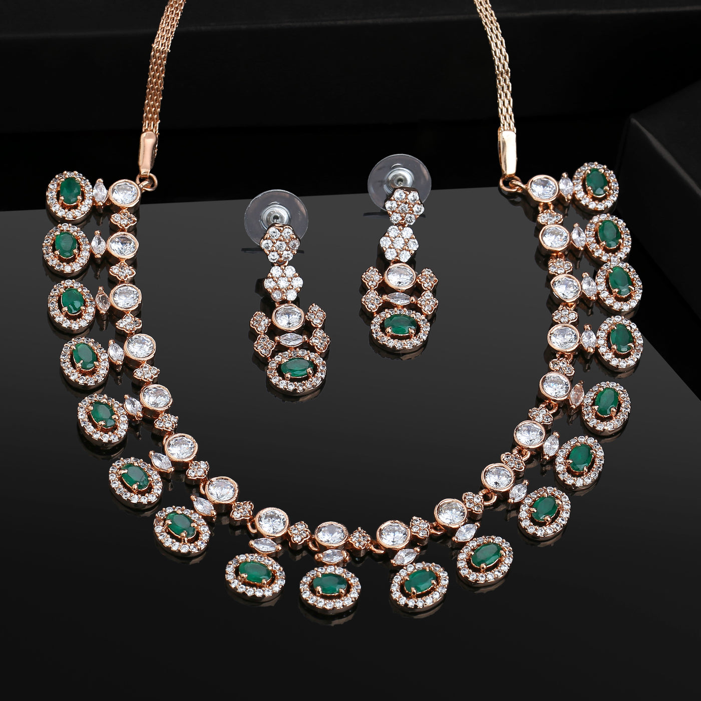 Estele Rose Gold Plated CZ Glamour In Green Necklace Set for Women