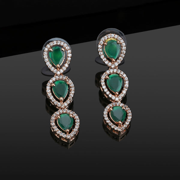 Estele Rose Gold Plated CZ Precious Pears Green/ Emerald Earrings for Women