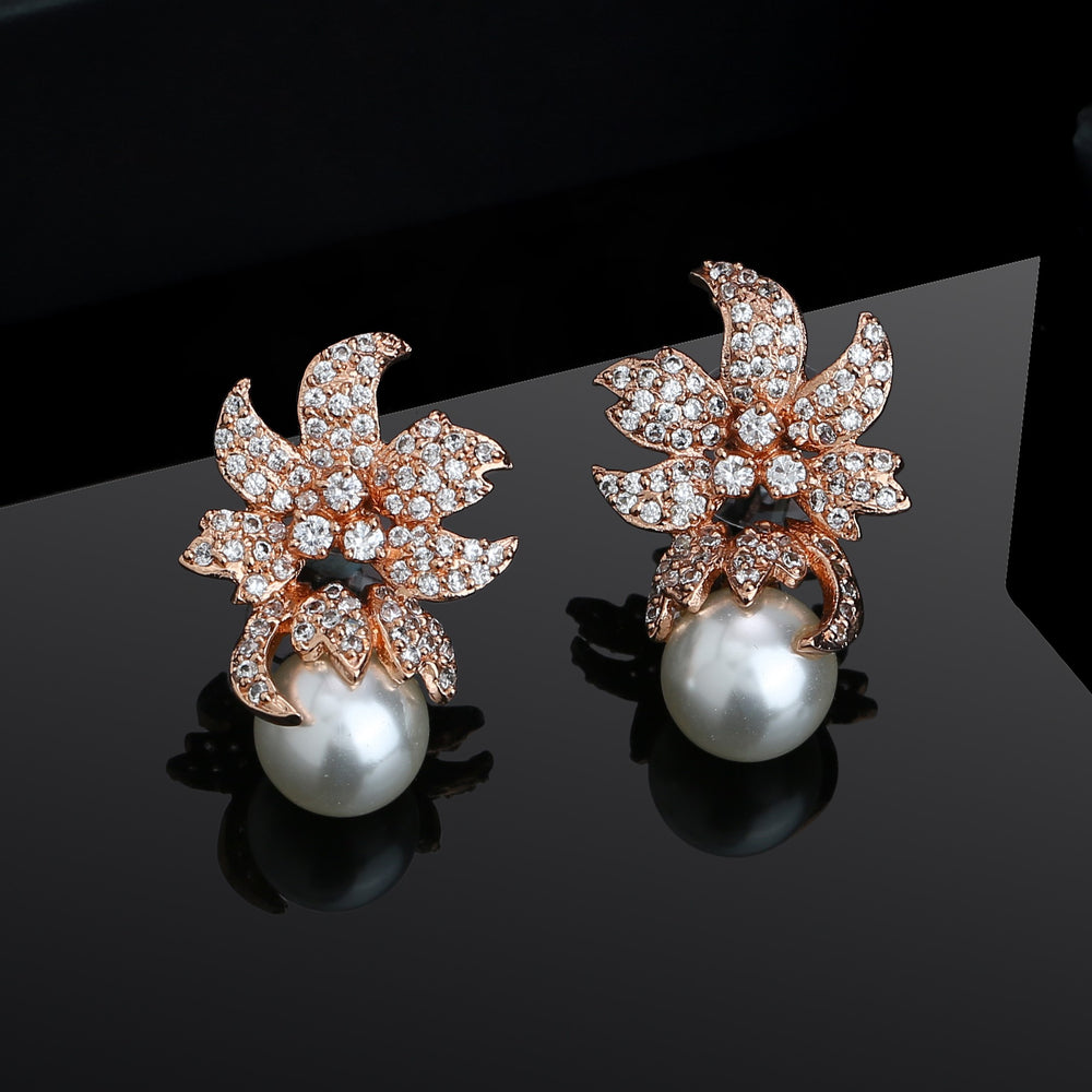 Estele Rose Gold Plated White American Diamonds Leaf Pearl Drop Earrings  for Girls Women