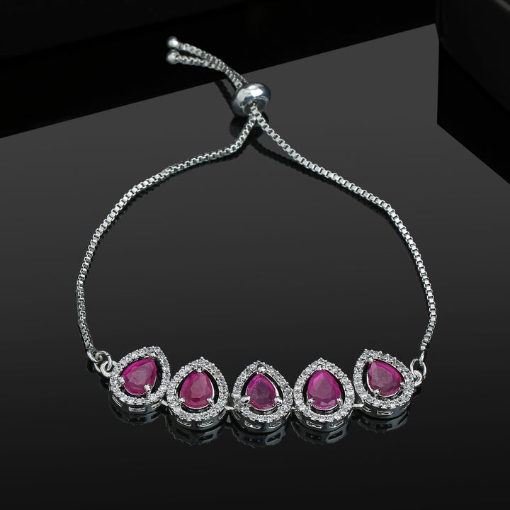 Estele Rhodium Plated CZ Precious Pears Bracelet with Ruby Crystals for Women