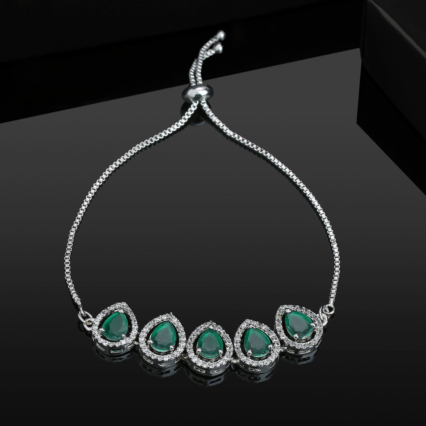 Estele Rhodium Plated CZ Precious Pears Bracelet with Emerald for Women