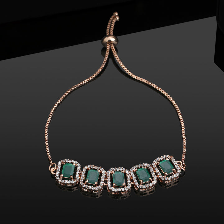 Estele Rose Gold Plated CZ Ossum Octagon Bracelet with Green Crystals for Women