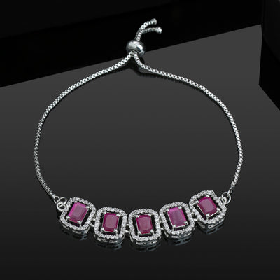 Estele Rhodium Plated CZ Ossum Octagon Bracelet with Ruby Crystals for Women