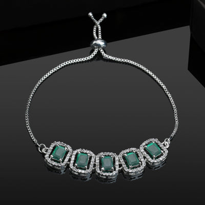 Estele Rhodium Plated CZ Ossum Octagon Bracelet With Emerald Crystals for Women