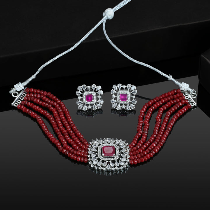 Estele Rhodium Plated CZ Square Choker Necklace Set with Ruby/ Red Beads for Women