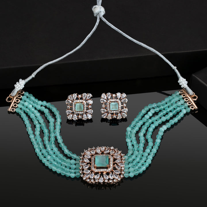 Estele Rose Gold Plated CZ Square Choker Necklace Set with Mint Blue Beads for Women