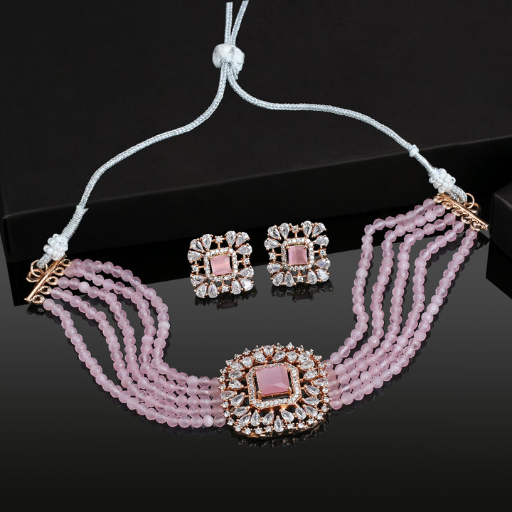 Estele Rose Gold Plated CZ Square Shaped Mint Pink Choker Necklace Set For Women