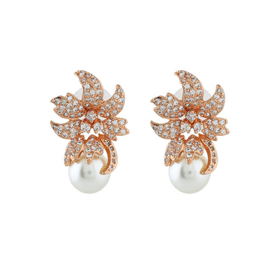 Estele Rose Gold Plated CZ Leaf Drop Earrings for Women