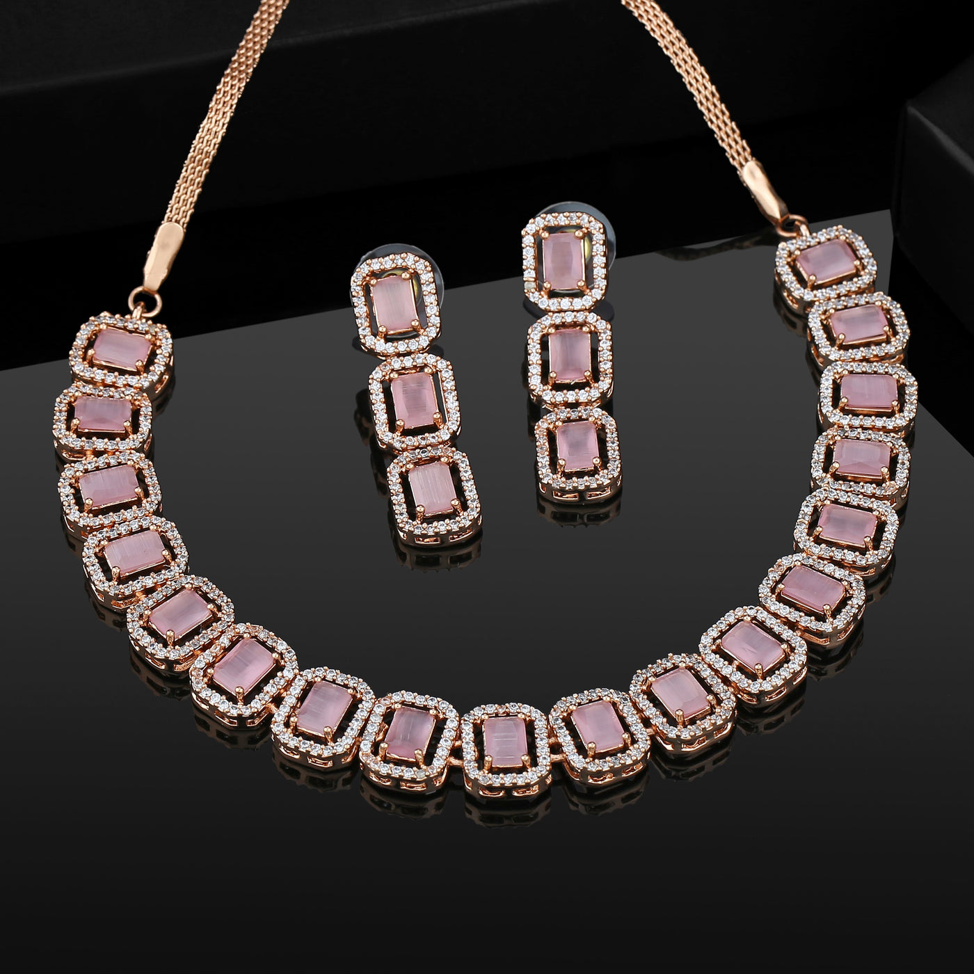 Estele Rose Gold Plated CZ Ossum Octagon Necklace Set with Mint Pink Crystals for Women