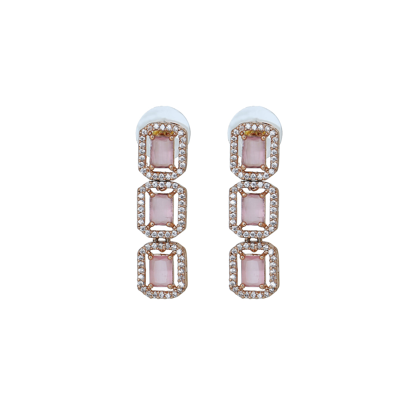 Estele Rose Gold Plated CZ Ossum Octagon Necklace Set with Mint Pink Crystals for Women