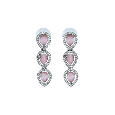 Estele Rhodium Plated Zircon Precious Pears Necklace Set with Mint Pink Crystals for Women