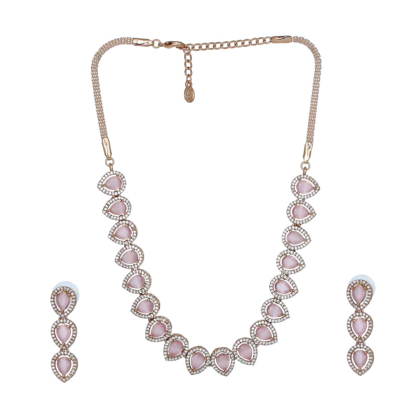 Estele Rose Gold Plated Zircon Precious Pears Necklace Set with Mint Pink Crystals for Women