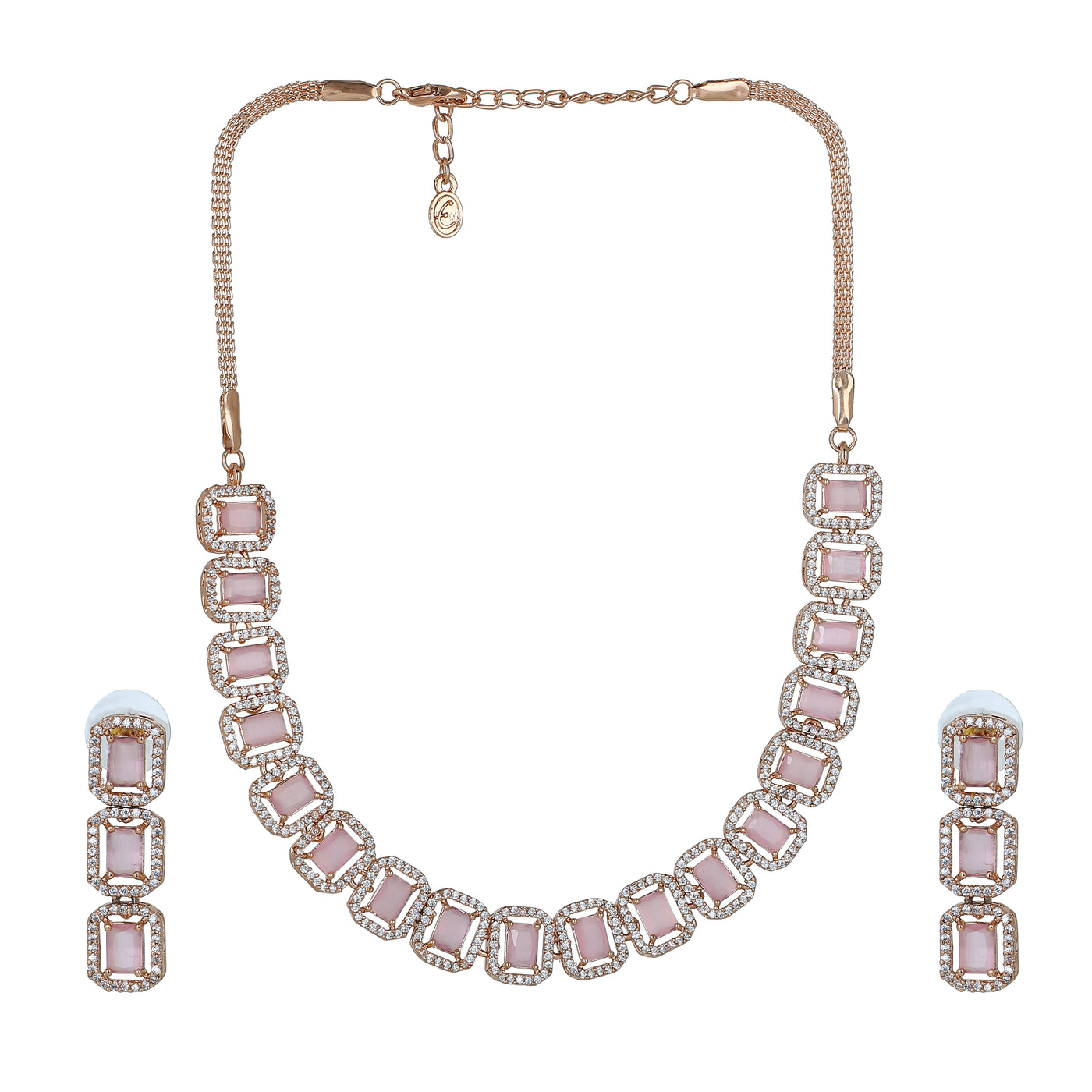 Estele Rose Gold Plated CZ Ossum Octagon Necklace Set with Mint Pink Crystals for Women