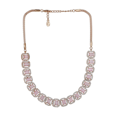 Estele Rose Gold Plated CZ Ossum Octagon Necklace Set with Mint Pink Crystals for Women