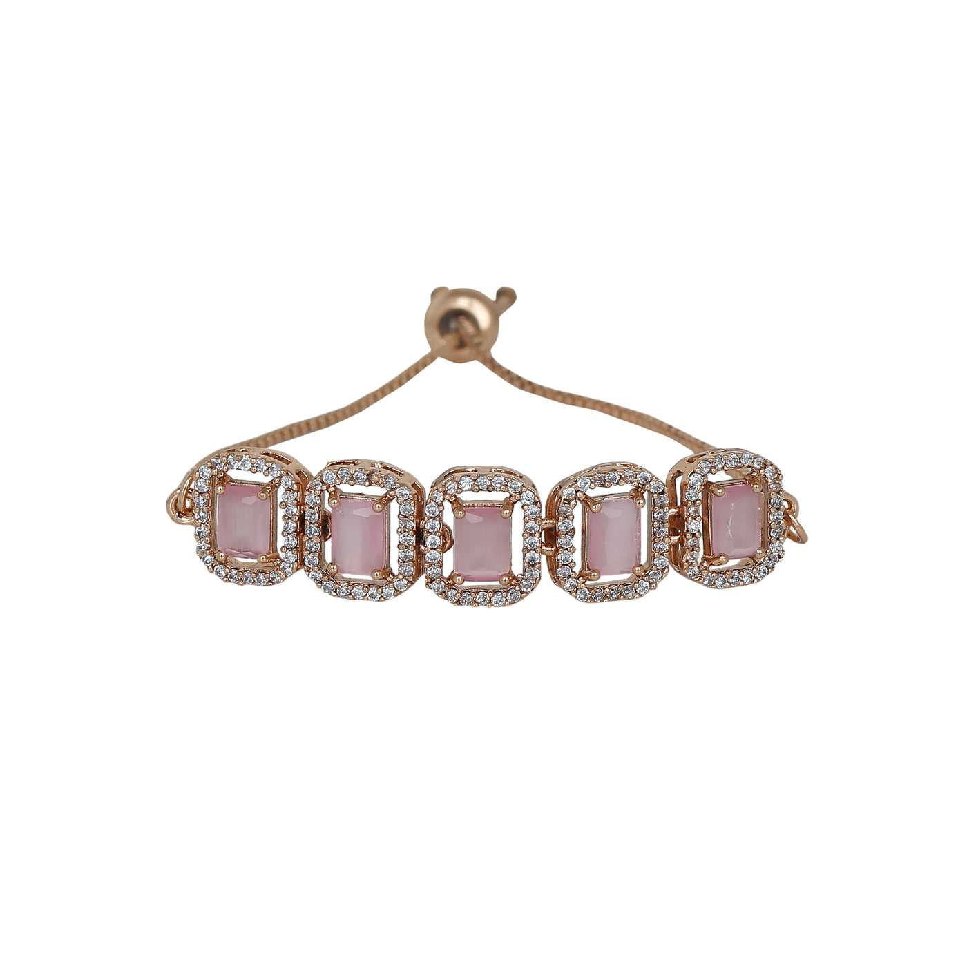 Estele Rose Gold Plated CZ Ossum Octagon Bracelet with Mint Pink Crystals for Women