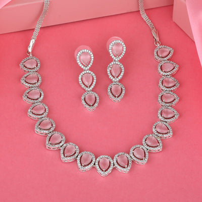 Estele Rhodium Plated Zircon Precious Pears Necklace Set with Mint Pink Crystals for Women