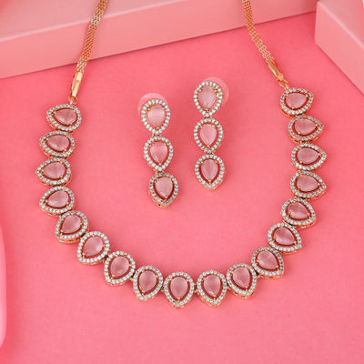 Estele Rose Gold Plated Zircon Precious Pears Necklace Set with Mint Pink Crystals for Women