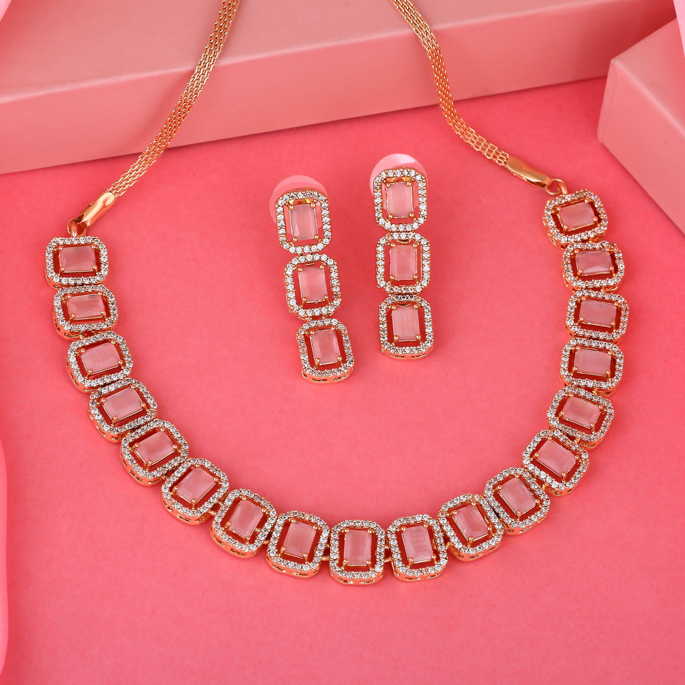 Estele Rose Gold Plated CZ Ossum Octagon Necklace Set with Mint Pink Crystals for Women