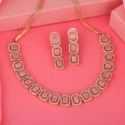 Estele Rose Gold Plated CZ Ossum Octagon Necklace Set with Mint Pink Crystals for Women