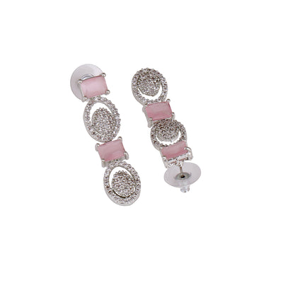 Estele Rhodium Plated CZ Sparkling Earrings with Mint Pink Crystals for Women