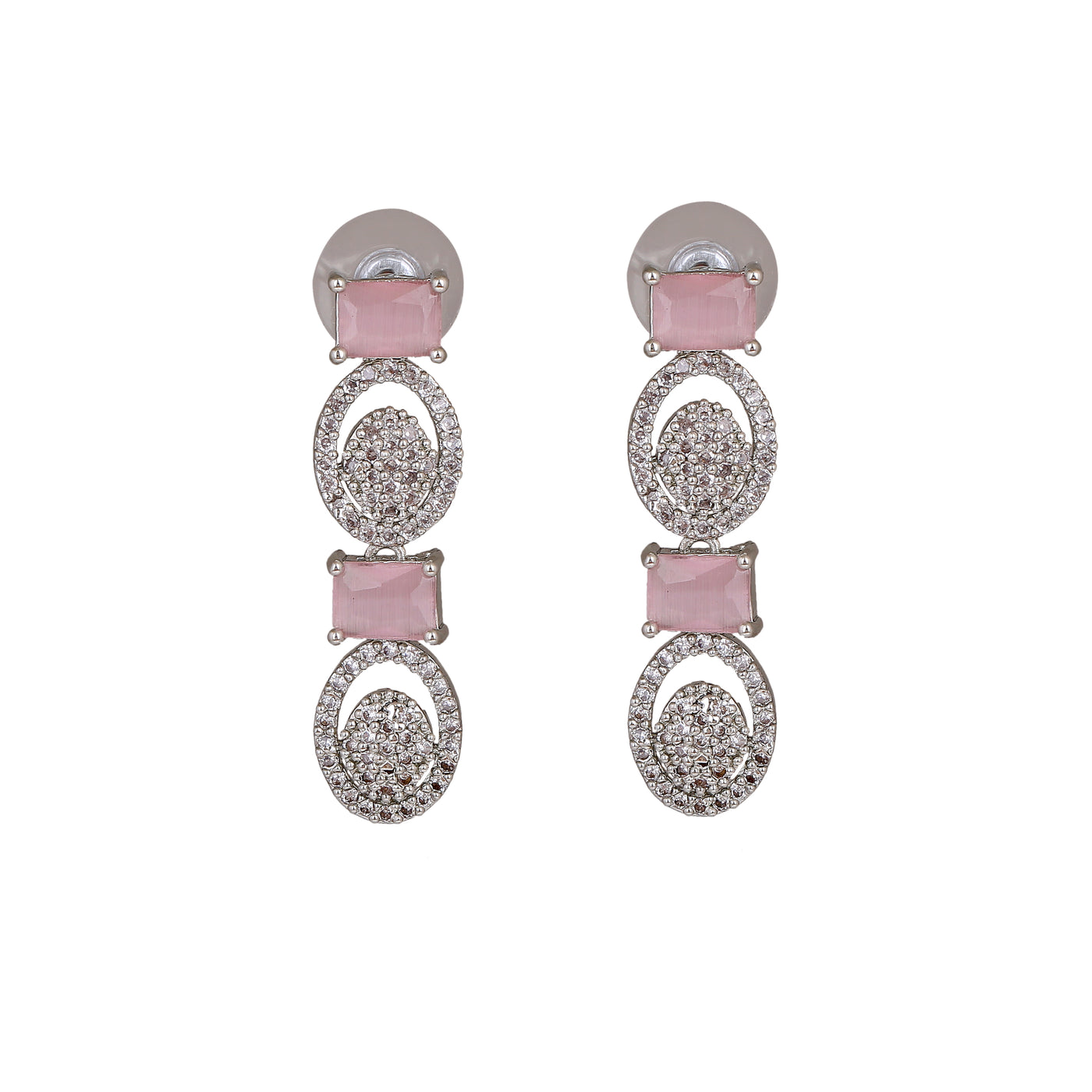 Estele Rhodium Plated CZ Sparkling Earrings with Mint Pink Crystals for Women