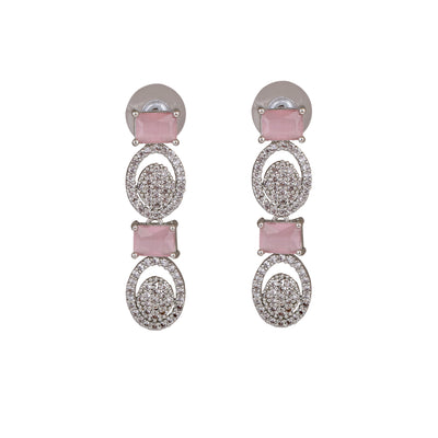 Estele Rhodium Plated CZ Sparkling Earrings with Mint Pink Crystals for Women