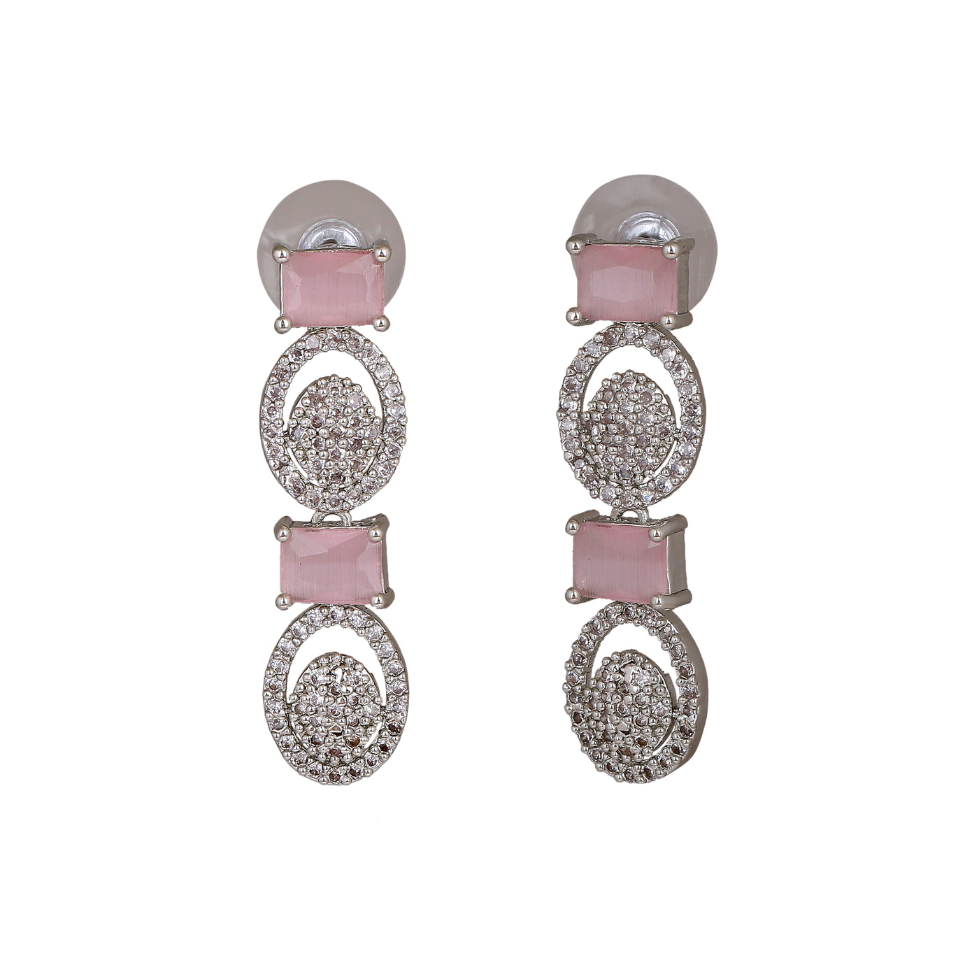 Estele Rhodium Plated CZ Sparkling Earrings with Mint Pink Crystals for Women