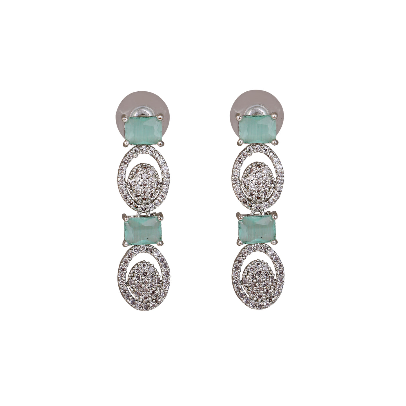 Estele Rhodium Plated CZ Amore Designer Earrings with Mint Green Crystals for Women