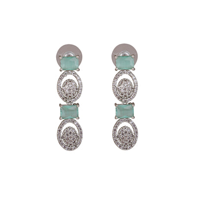 Estele Rhodium Plated CZ Amore Designer Earrings with Mint Green Crystals for Women