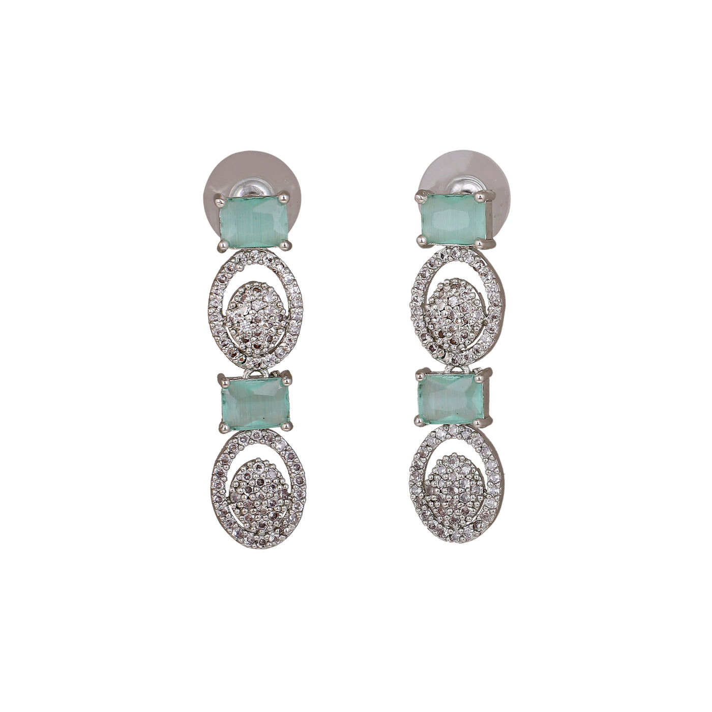 Estele Rhodium Plated CZ Amore Designer Earrings with Mint Green Crystals for Women
