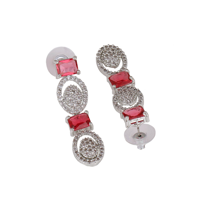 Estele Rhodium Plated CZ Circular Designer Necklace Set with Pink Crystals for Women