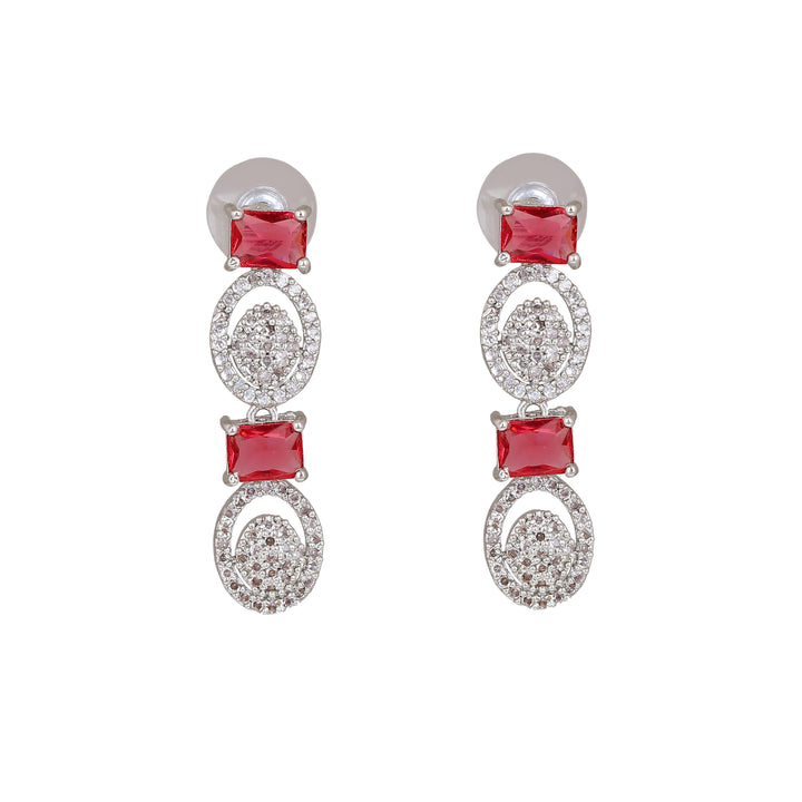 Estele Rhodium Plated CZ Circular Designer Necklace Set with Pink Crystals for Women