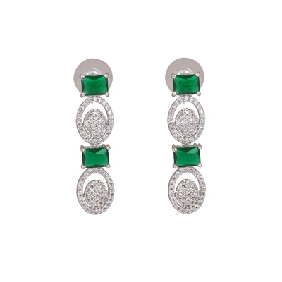 Estele Rhodium Plated CZ Adorable Earrings with Green Crystals for Women