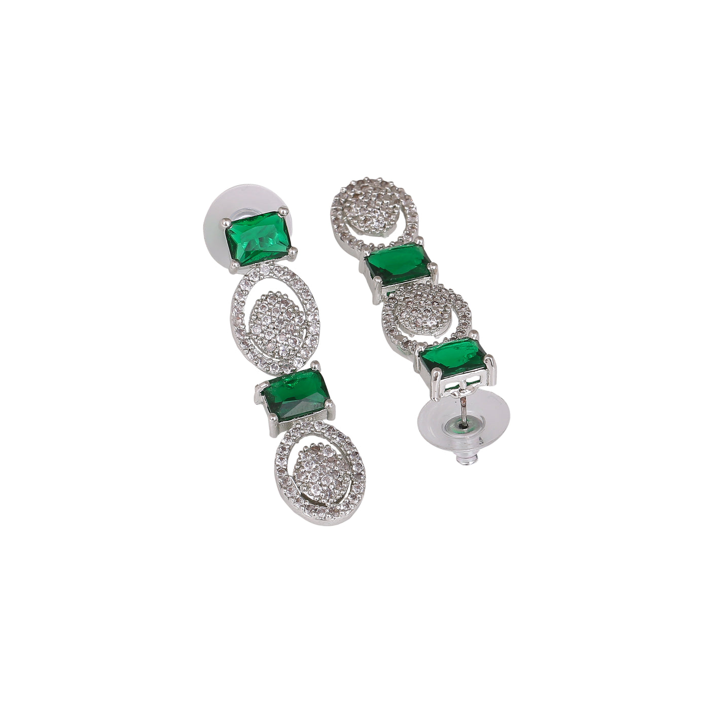 Estele Rhodium Plated CZ Adorable Earrings with Green Crystals for Women