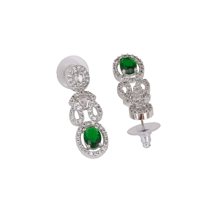 Estele Rhodium Plated CZ Gorgeous Necklace Set with Green Crystals for Women