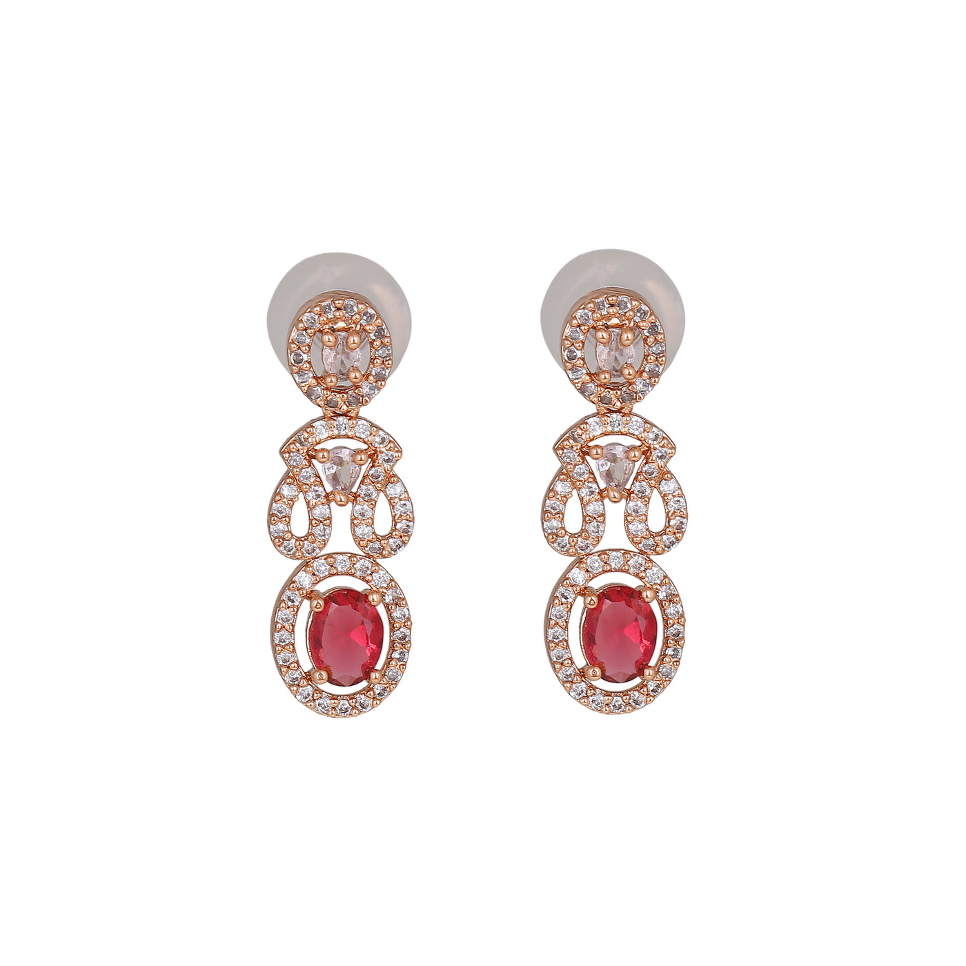 Estele Rose Gold Plated CZ Sparkling Earrings with Ruby Crystals for Women