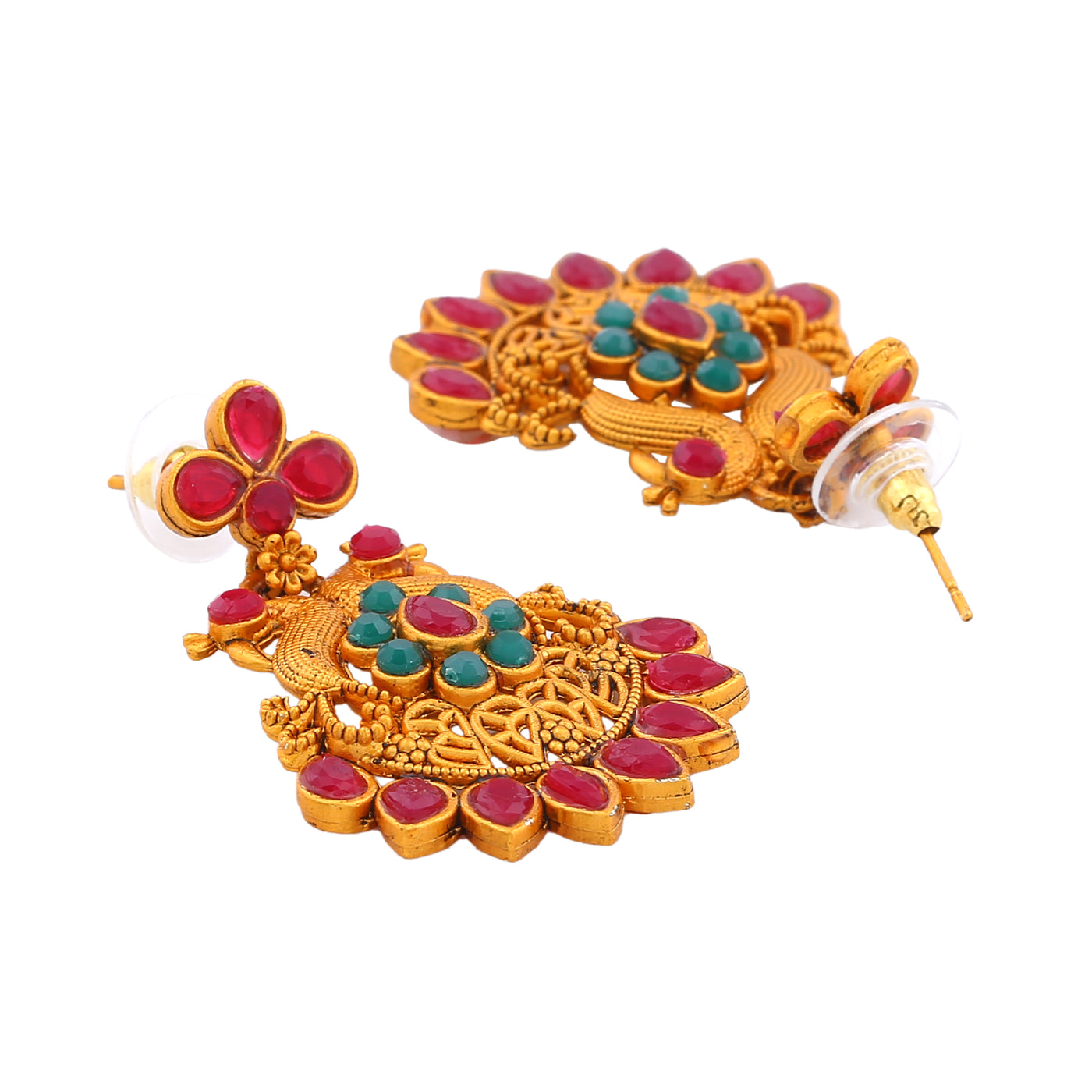 Estele Gold Plated Double line Peacock Nakshi Temple Necklace Set with Colored Stones & Pearls for Women