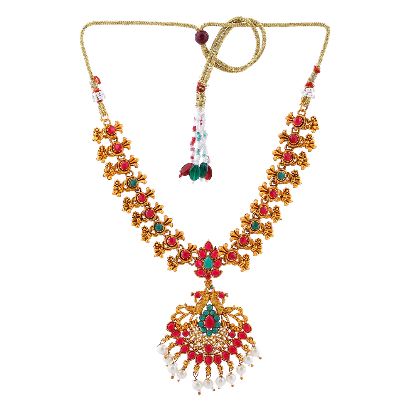 Estele Gold Plated Double line Peacock Nakshi Temple Necklace Set with Colored Stones & Pearls for Women