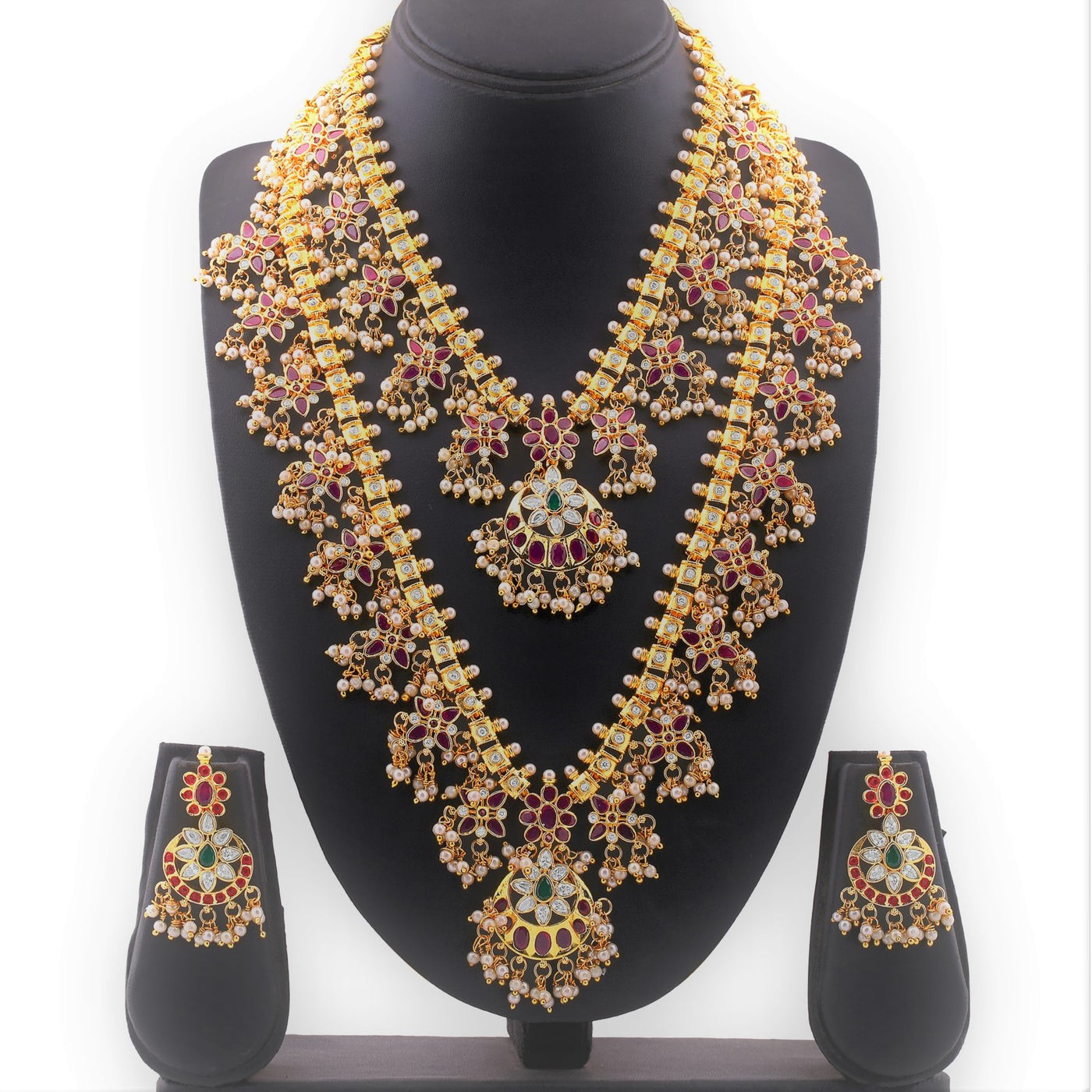 Estele Gold Plated CZ Double Layered Machlipatnam Bridal Necklace Set Combo with Red & Green Crystals for Women