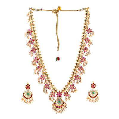 Estele Gold Plated CZ Double Layered Machlipatnam Bridal Necklace Set Combo with Red & Green Crystals for Women