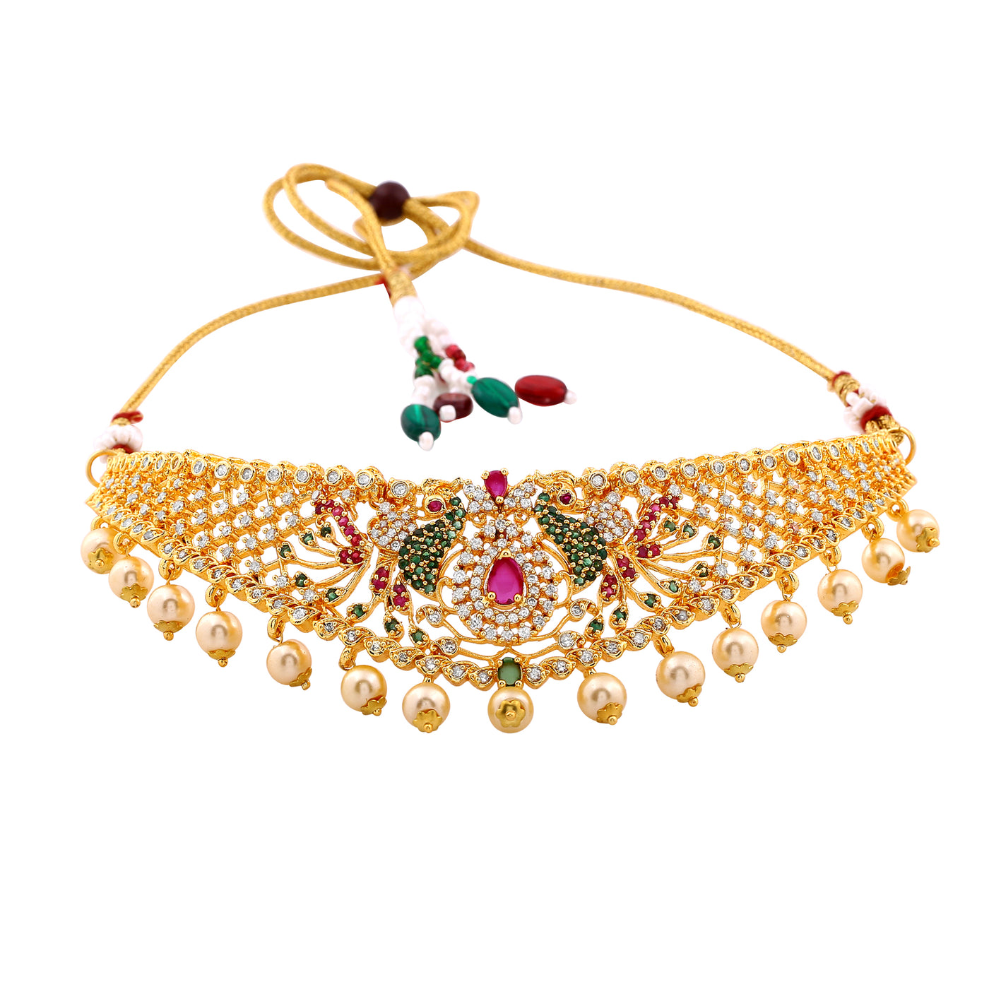 Estele Gold Plated CZ Peacock Designer Bridal Choker Necklace Set with Colored Stones & Pearls