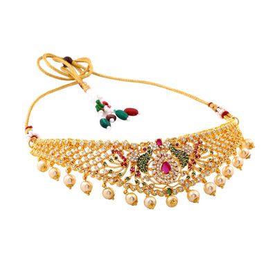 Estele Gold Plated CZ Peacock Designer Bridal Choker Necklace Set with Colored Stones & Pearls
