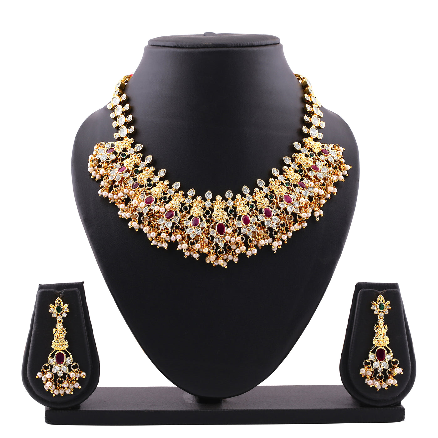 Estele Gold Plated CZ Bridal Necklace Set with Colored Crystals & Intricate Pearl Work for Women