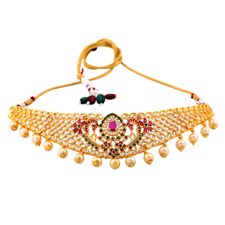 Estele Gold Plated CZ Ravishing Bridal Choker Necklace Set with Colored Stones & Pearls for Women