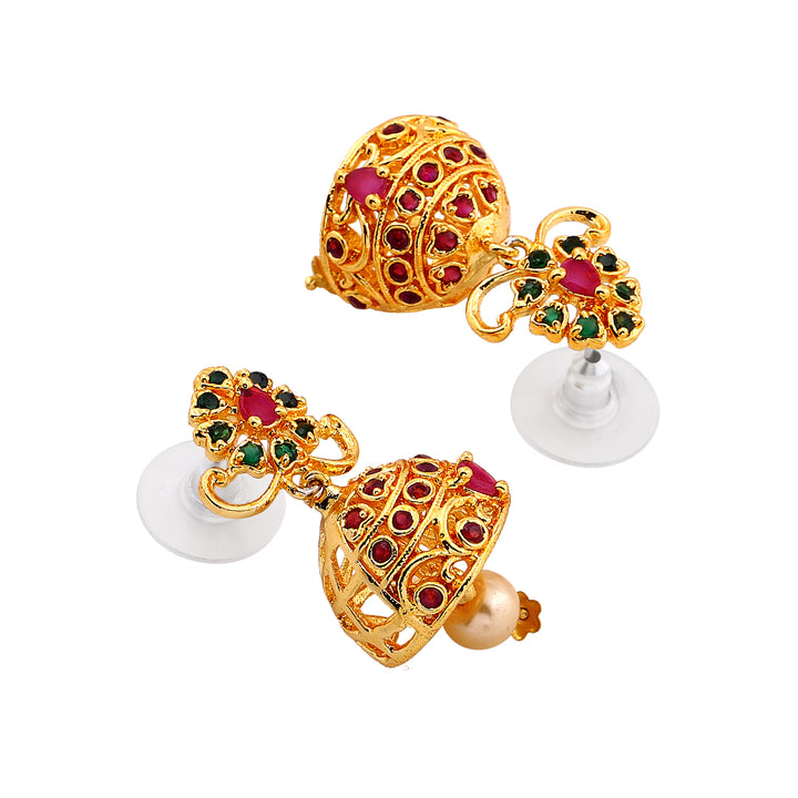 Estele Gold Plated CZ Ravishing Bridal Choker Necklace Set with Colored Stones & Pearls for Women