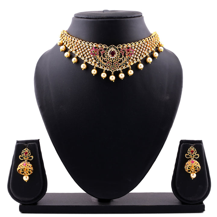 Estele Gold Plated CZ Ravishing Bridal Choker Necklace Set with Colored Stones & Pearls for Women