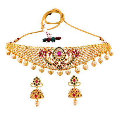 Estele Gold Plated CZ Ravishing Bridal Choker Necklace Set with Colored Stones & Pearls for Women