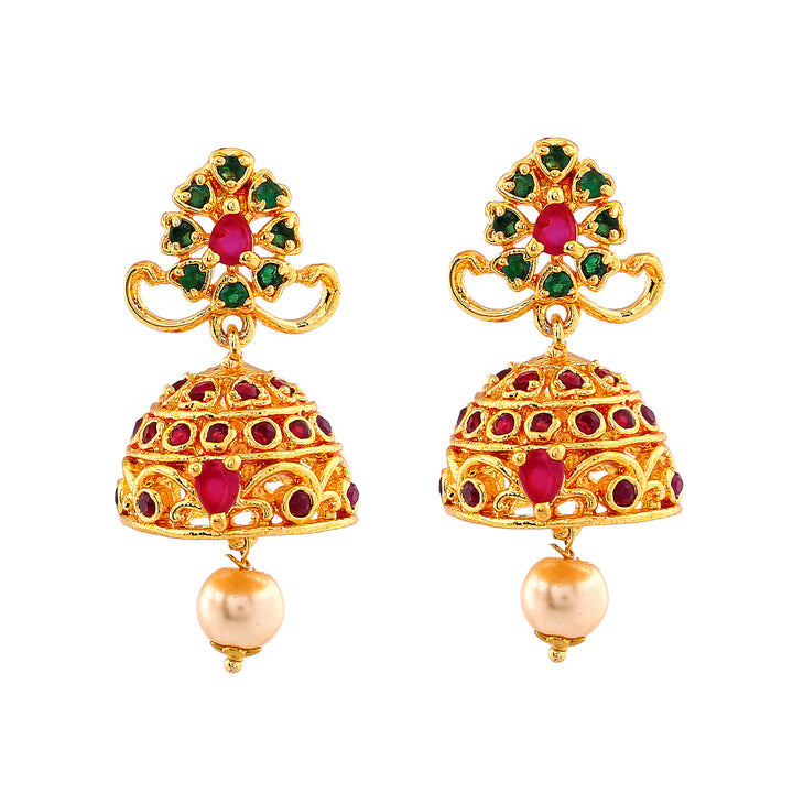 Estele Gold Plated CZ Ravishing Bridal Choker Necklace Set with Colored Stones & Pearls for Women